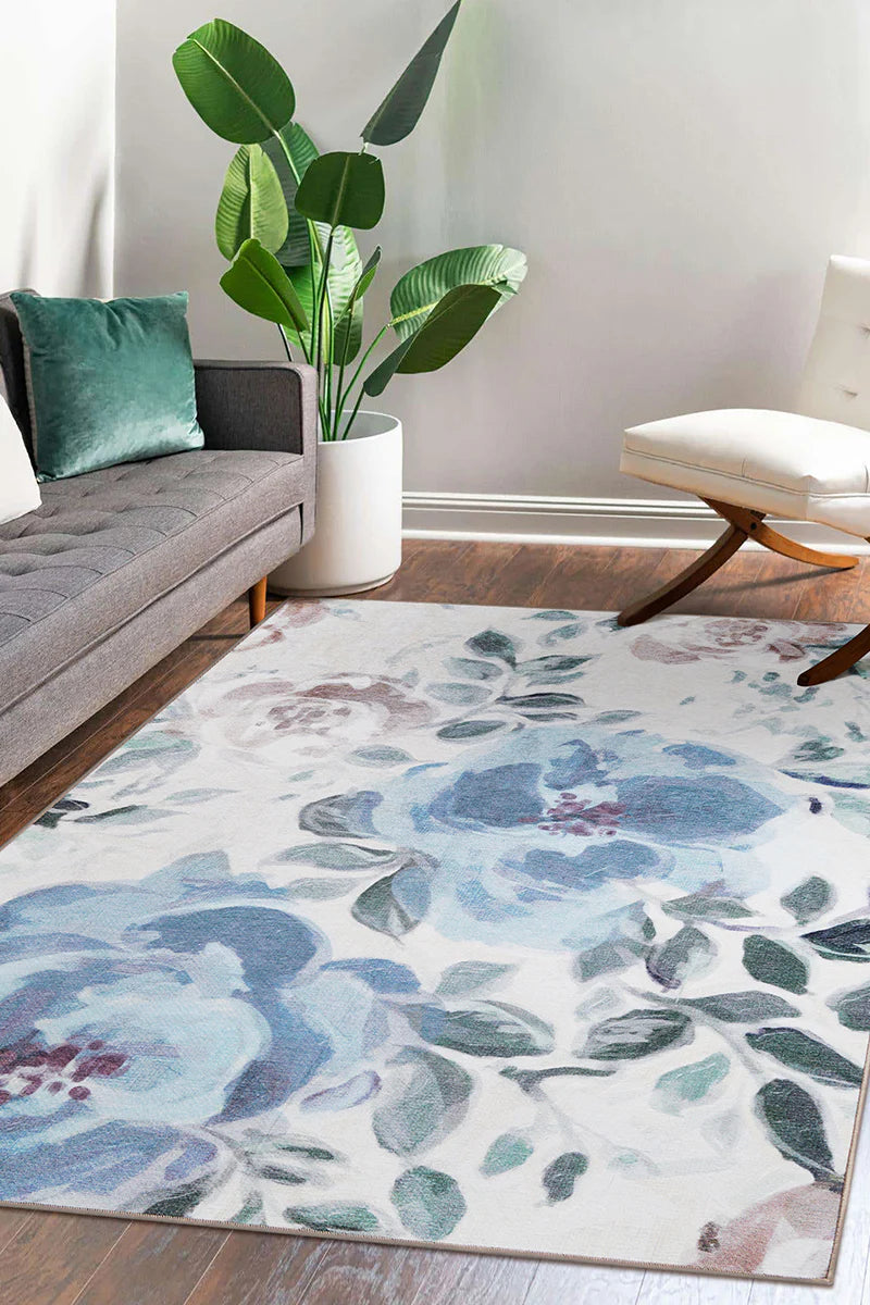 Alfombra lavable azul crema floral sasha