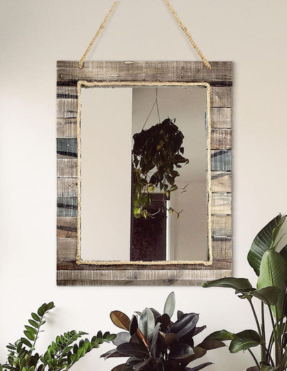 Espejo rectangular rústico de tablón de madera con cuerda incrustada