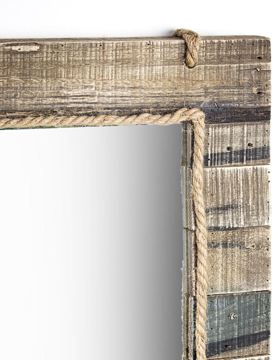 Espejo rectangular rústico de tablón de madera con cuerda incrustada