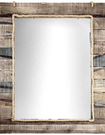 Espejo rectangular rústico de tablón de madera con cuerda incrustada