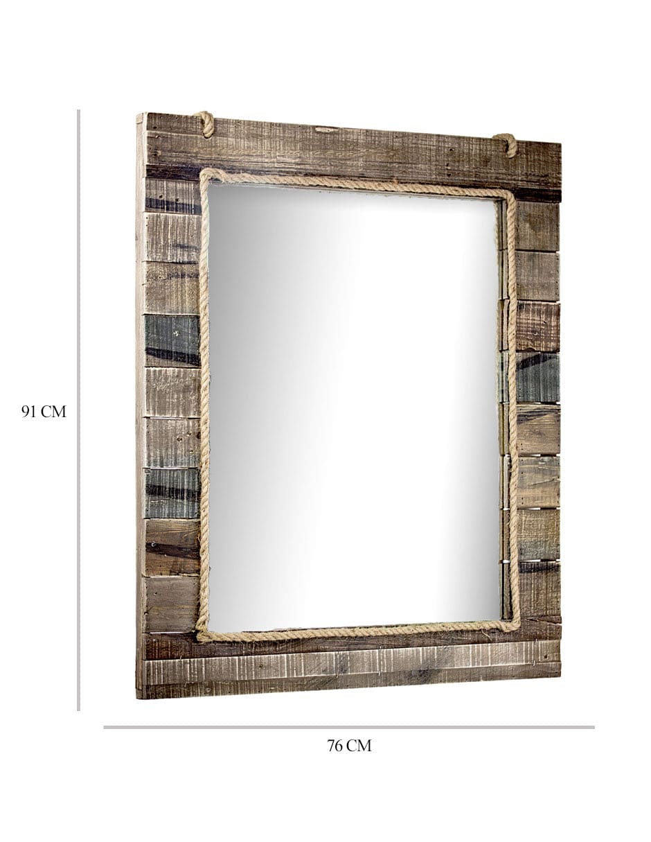 Espejo rectangular rústico de tablón de madera con cuerda incrustada