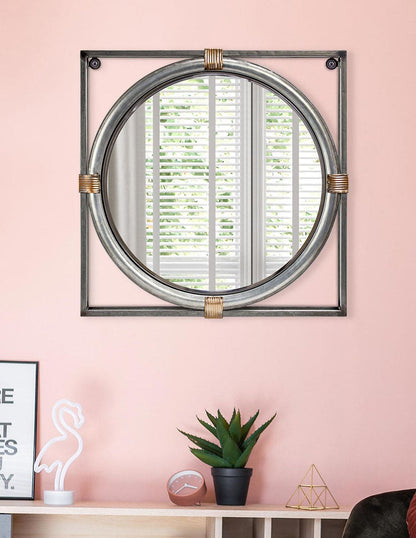 Espejo decorativo de pared redondo con doble marco de metal cuadrado envejecido