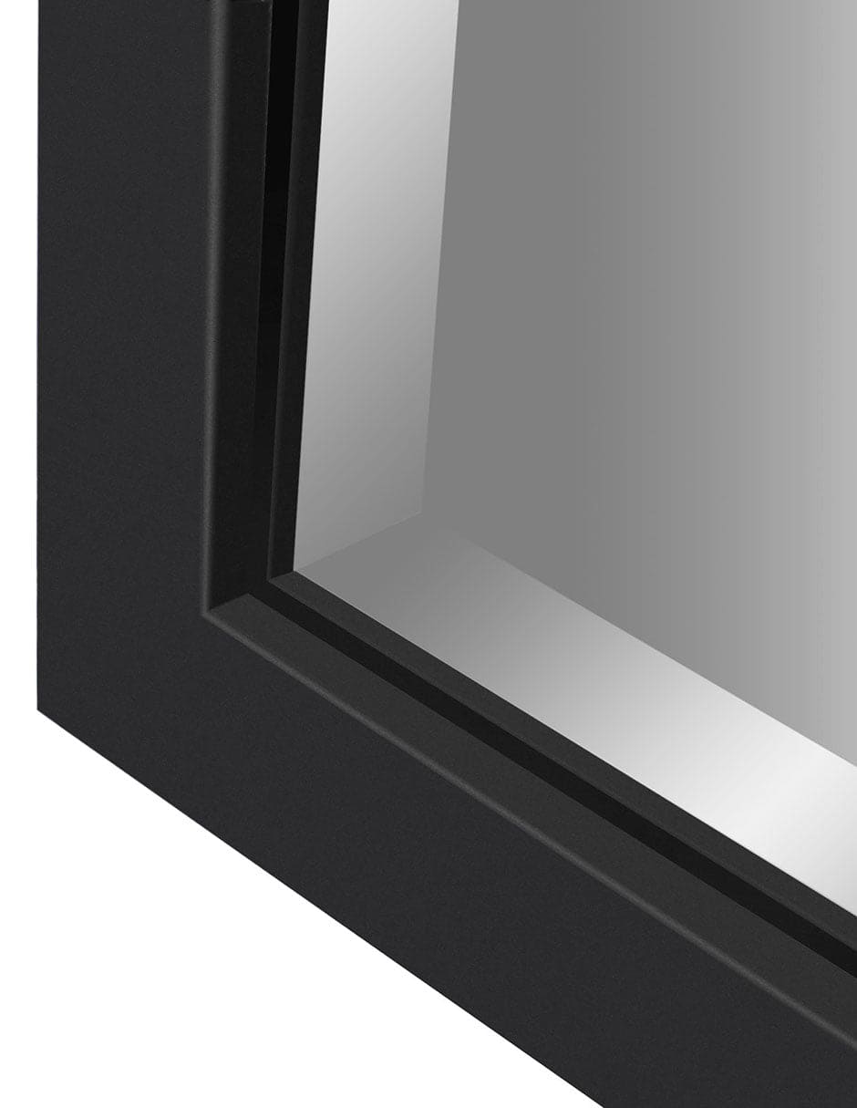 Espejo decorativo rectangular con borde biselado y marco de metal negro