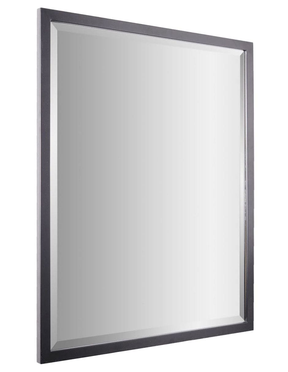 Espejo decorativo rectangular con borde biselado y marco de metal negro
