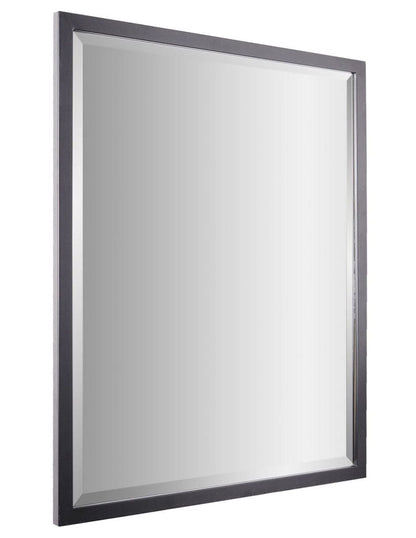 Espejo decorativo rectangular con borde biselado y marco de metal negro