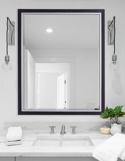 Espejo decorativo biselado con marco negro y cromado, diseño de borde cepillado