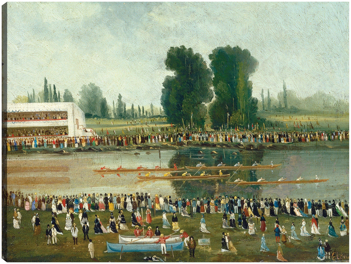 Escena de remo: multitudes observando desde las orillas del río - E. Levy