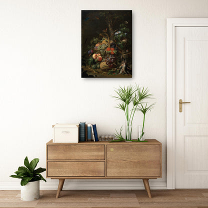 Naturaleza muerta con frutas, peces y un nido. - Abraham Mignon