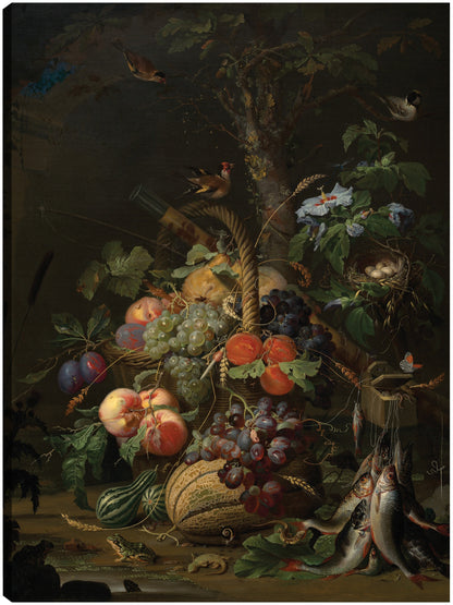 Naturaleza muerta con frutas, peces y un nido. - Abraham Mignon