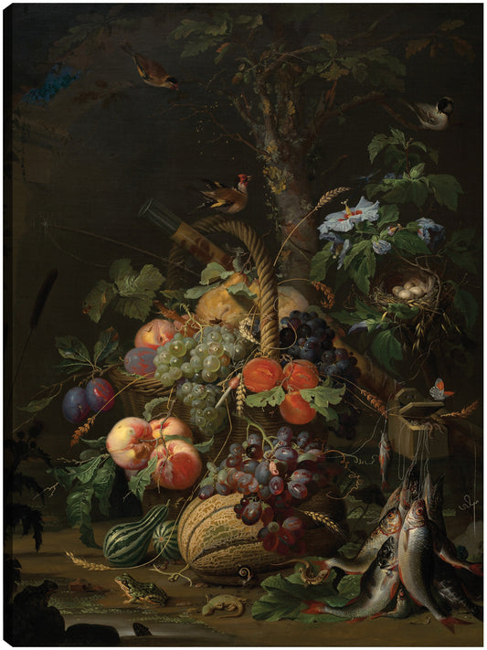 Naturaleza muerta con frutas, peces y un nido. - Abraham Mignon