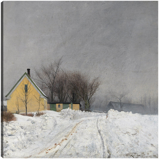 Día de invierno brumoso. A la izquierda una casa amarilla. Nieve profunda. (1910) - Laurits Andersen Ring