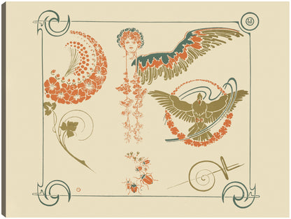 Diseño abstracto basado en flores, ángeles, pájaros, escarabajos. (1900) - Alphonse Mucha