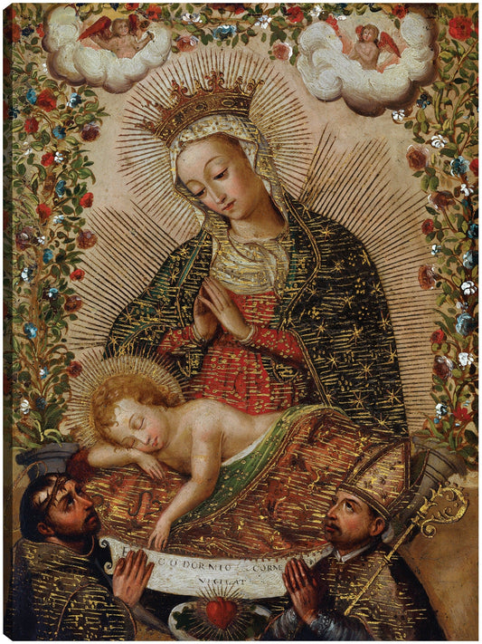 La Virgen adorando al Niño Jesús con dos santos (siglo XVIII) - Cuzco School