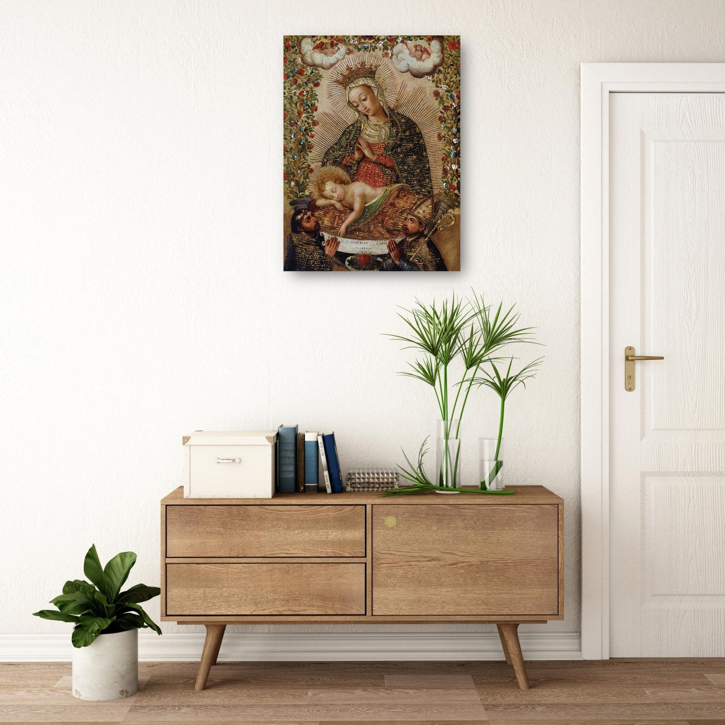 La Virgen adorando al Niño Jesús con dos santos (siglo XVIII) - Cuzco School