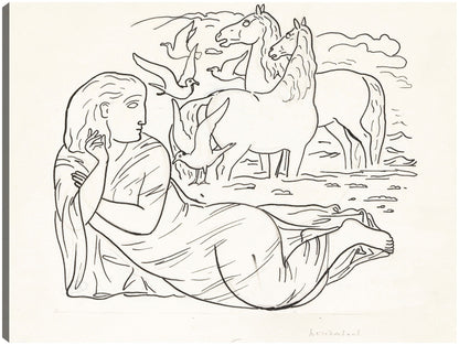 Boceto de mujer tumbada en la playa con dos caballos y gaviotas (1891) - Leo Gestel