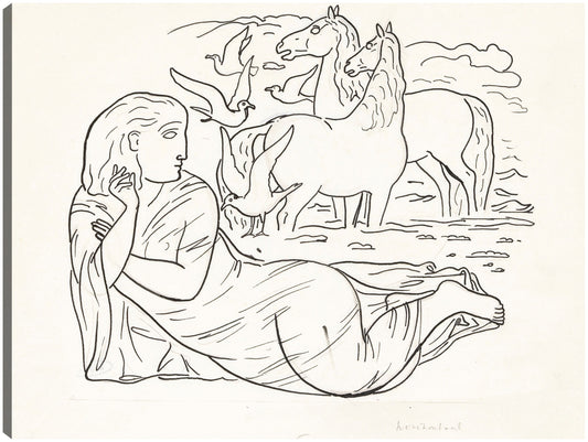Boceto de mujer tumbada en la playa con dos caballos y gaviotas (1891) - Leo Gestel