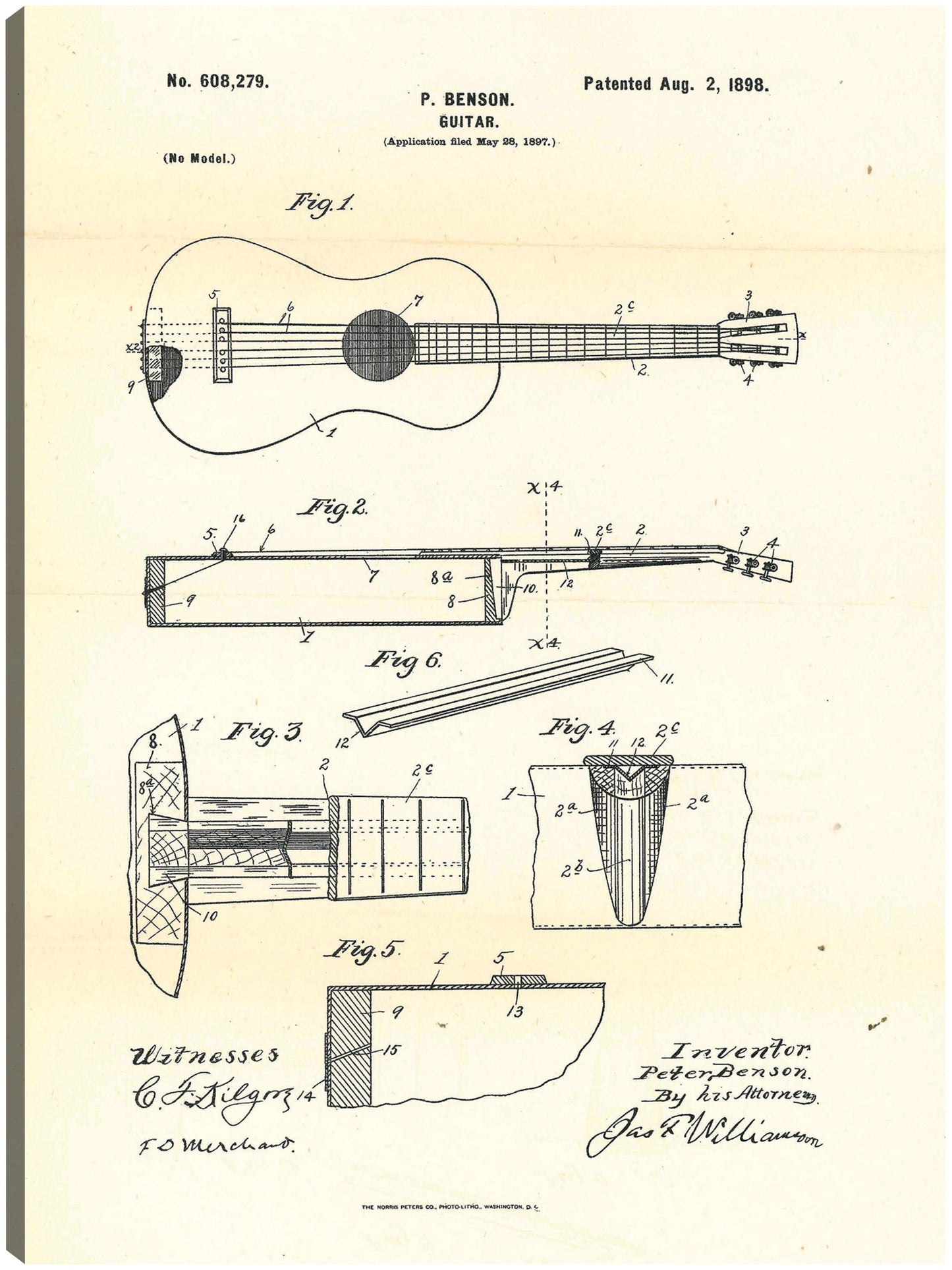 Guitarra patentada, inventor: Peter Benson, 2 de agosto de 1898 - National Archives