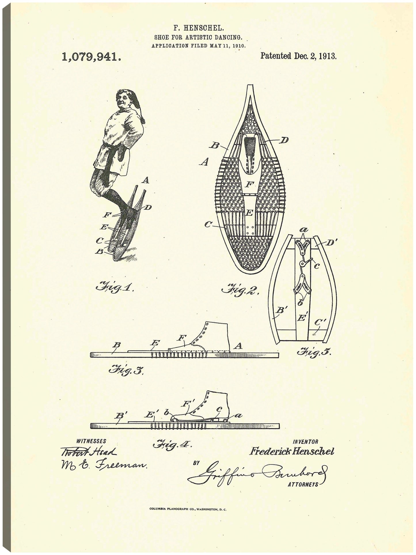 Zapato patentado para danza artística, inventor Frederick Henschel, 2 de diciembre de 1913 - National Archives