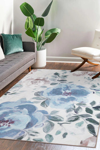 Alfombra lavable azul crema floral sasha